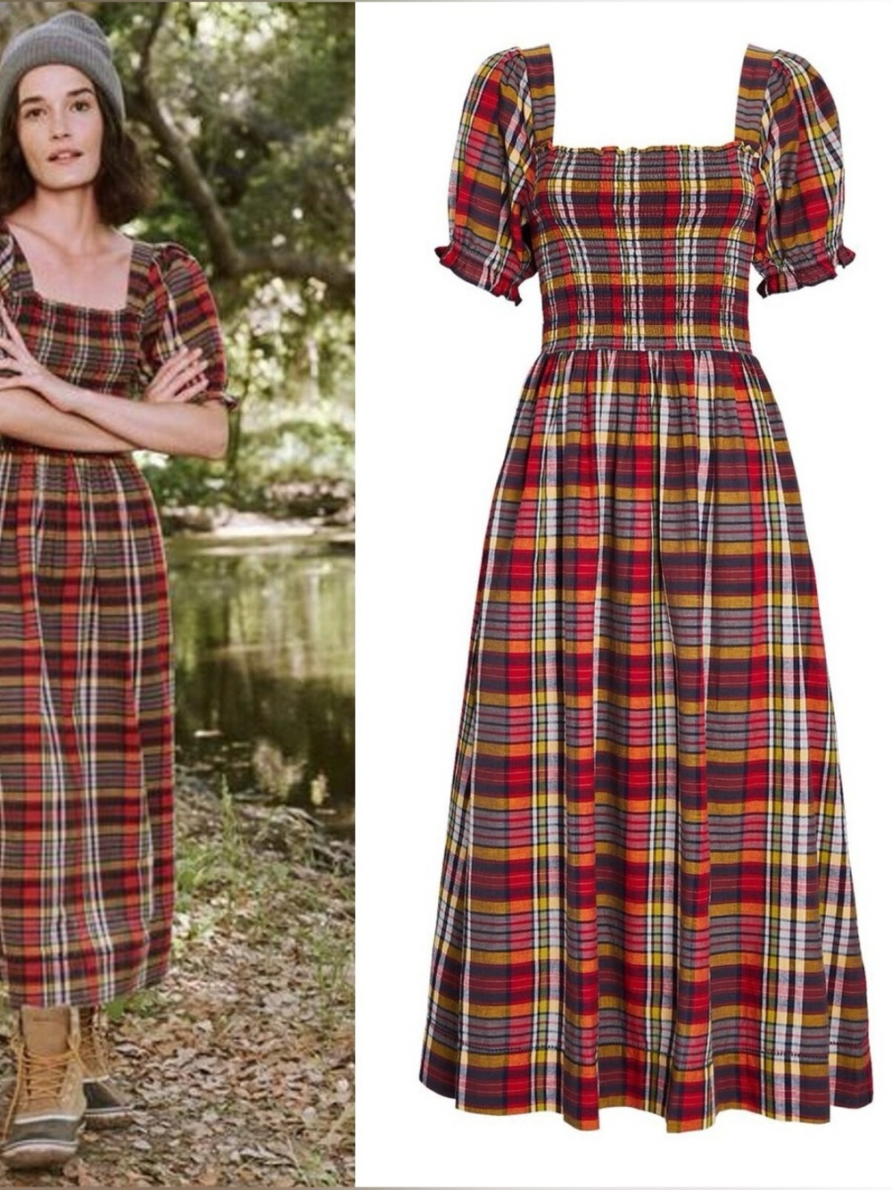 The Great Savannah Plaid Puff-Sleeve Midi Dress